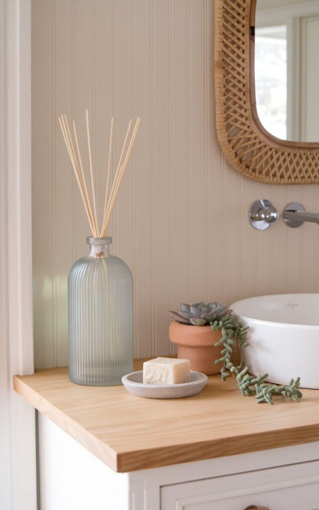 A photo of a bright and breezy coastal-boho bathroom vanity with a light wood countertop and a white vessel sink. On one side of the counter, a tall, slim reed diffuser in a sea-glass toned ribbed tall bottle stands upright, its natural reeds fanning out. Beside it, a low-profile object - a handmade soap dish with a textured bar and a small terracotta planter with a trailing succulent—sits to create visual balance. The wall behind features soft beige beadboard, and a rattan-framed mirror adds a touch of boho charm. The photo shows a wide, straight view of the vanity.