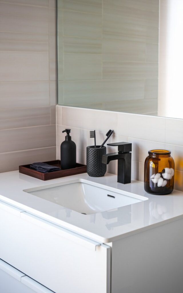 A photo of a bright, contemporary bathroom vanity with a crisp white countertop and sleek under-mount sink. The vanity is set against a soft neutral tiled wall. A set of dark-toned accessories is thoughtfully arranged, including a matte black soap dispenser, a deep charcoal patterned toothbrush holder, and a rich espresso-toned wooden tray. A dark amber glass jar with cotton pads adds a moody, vintage touch. The sharp contrast between the white counter and dark elements creates a bold, clean-lined look that feels both modern and grounded. The space is minimal yet impactful, proving that high contrast can be effortlessly chic. Natural light is soft, ambient.