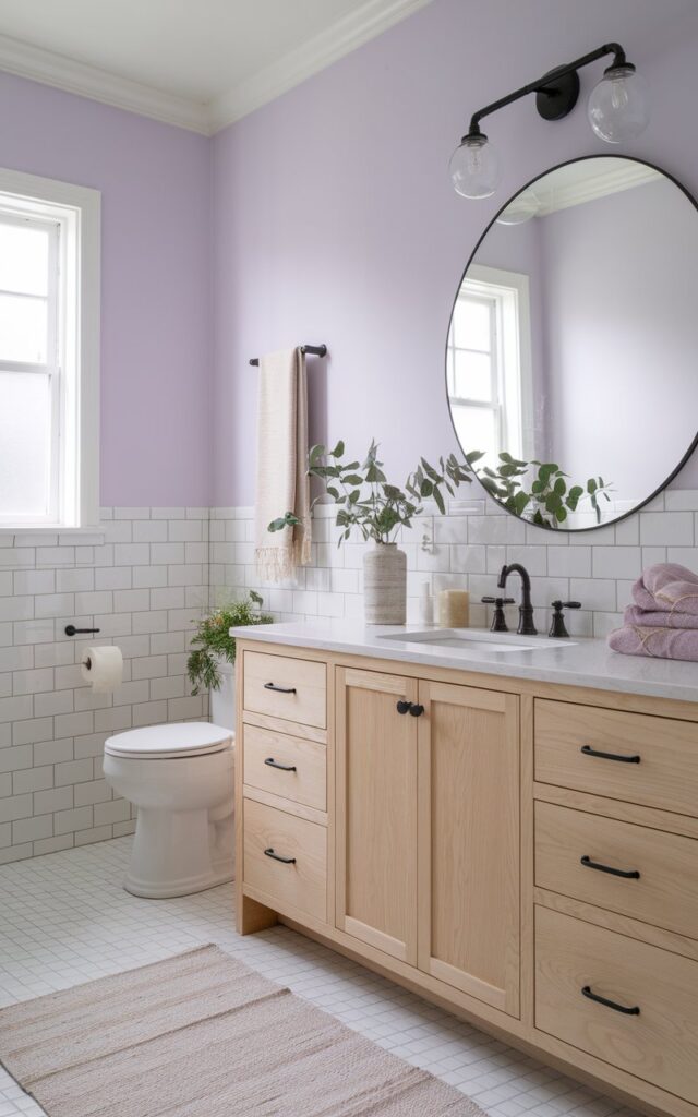 A photo of a calm and elegant bathroom with walls painted in soft lavender. The bathroom has a blend of Scandinavian simplicity and Craftsman warmth. There is clean-lined wooden cabinetry in light oak and lavender tones that soften the space with a gentle, serene glow. White subway tiles with pale gray grout offer timeless Craftsman structure, balanced by minimalist Scandi fixtures in matte black. A large round mirror and soft woven textiles keep the look airy and grounded. Potted greenery and frosted glass lighting complete the look, making it inviting, unfussy, and quietly graceful.
