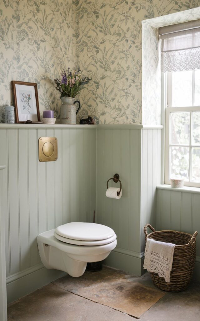 A photo of a charming English countryside bathroom with soft sage green paneling and vintage-inspired wallpaper featuring delicate floral patterns. The bathroom has a wall-mounted toilet with a traditional white ceramic bowl and an antique brass flush plate. Above the toilet, a narrow wooden shelf holds a small framed botanical print, a lavender-scented candle, and a ceramic pitcher with fresh wildflowers. The flooring is rustic stone tile, and a woven basket sits tucked nearby holding extra linen hand towels. Soft natural light pours in through a sash window dressed with a cotton lace curtain.