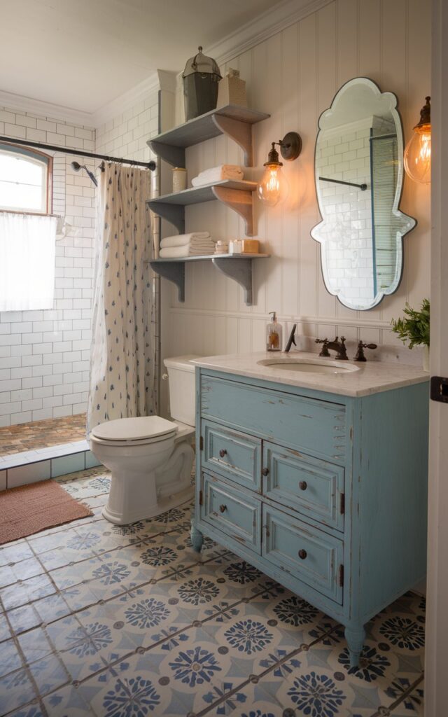 A photo of a charming French country and Americana style bathroom. The floor is made of patterned encaustic tiles in soft blues, muted reds, and warm cream tones. The tiles are arranged in a classic, heritage-inspired motif. There is a distressed painted wood vanity in robin's egg blue with a ceramic sink and oil-rubbed bronze fixtures. Above the vanity, there is a scalloped-edge mirror and vintage-style sconces with warm light on. The walls are clad in white beadboard, and rustic open shelves display heirloom decor and cotton linens. The space has a toilet, spacious shower area, curtained window, and a floor rug.