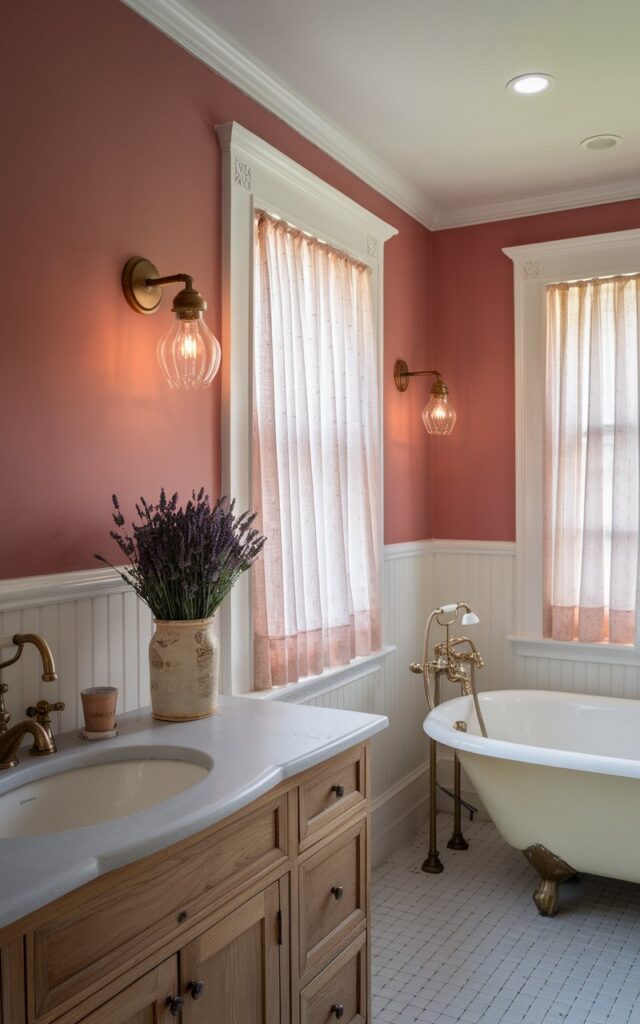 A photo of a charming French country bathroom painted in soft dusty rose, creating a warm and inviting vintage vibe. The bathroom features white wood trim and wooden cabinetry, adding timeless elegance. Classic brass fixtures and a clawfoot tub are present. Soft natural light filters through sheer curtains. The vanity has fresh lavender bunches in a ceramic jar. Walls have vintage sconces (Warm light on). A recessed ceiling with LED light is installed, but there is no natural light.