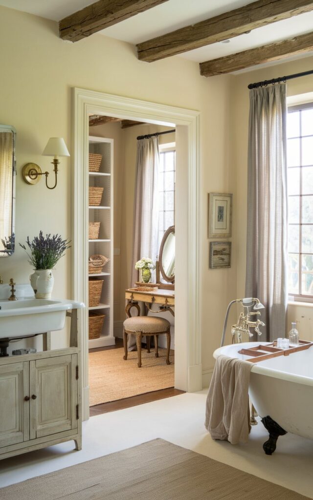 A photo of a charming French country style ensuite bathroom connected directly to a walk-through closet. The bathroom features soft cream-colored walls with rustic wood beams overhead and vintage-style brass fixtures. A farmhouse sink vanity with distressed wood cabinetry sits beside a freestanding clawfoot tub draped with linen curtains. The walk-through closet is visible through an open doorway, showcasing built-in wooden shelves, woven baskets, and an antique dressing table with an ornate mirror. Natural light floods the space through tall windows with sheer curtains, while fresh lavender in a ceramic vase adds a classic French touch.