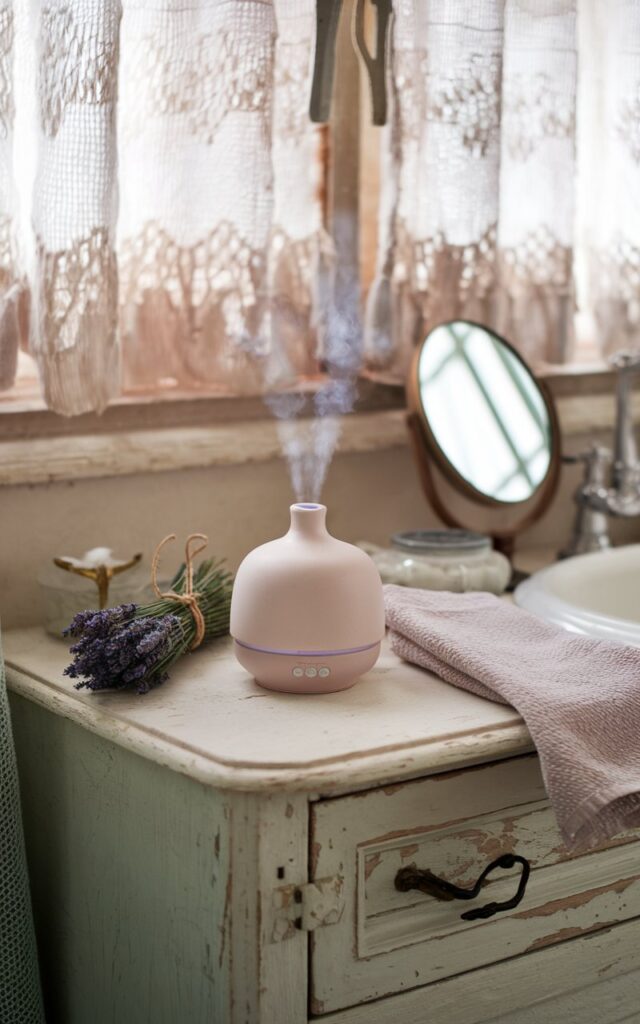 A photo of a charming French countryside bathroom with a ceramic diffuser placed on a rustic wooden vanity. The diffuser gently releases the calming scent of lavender essential oil. The vanity also holds a small bundle of dried lavender tied with twine, a vintage hand mirror, and a linen towel. Soft natural light streams through lace curtains, illuminating the weathered textures and muted pastel tones in the space. The overall ambiance is serene, cozy, and delicately fragrant—like a quiet afternoon in Provence.
