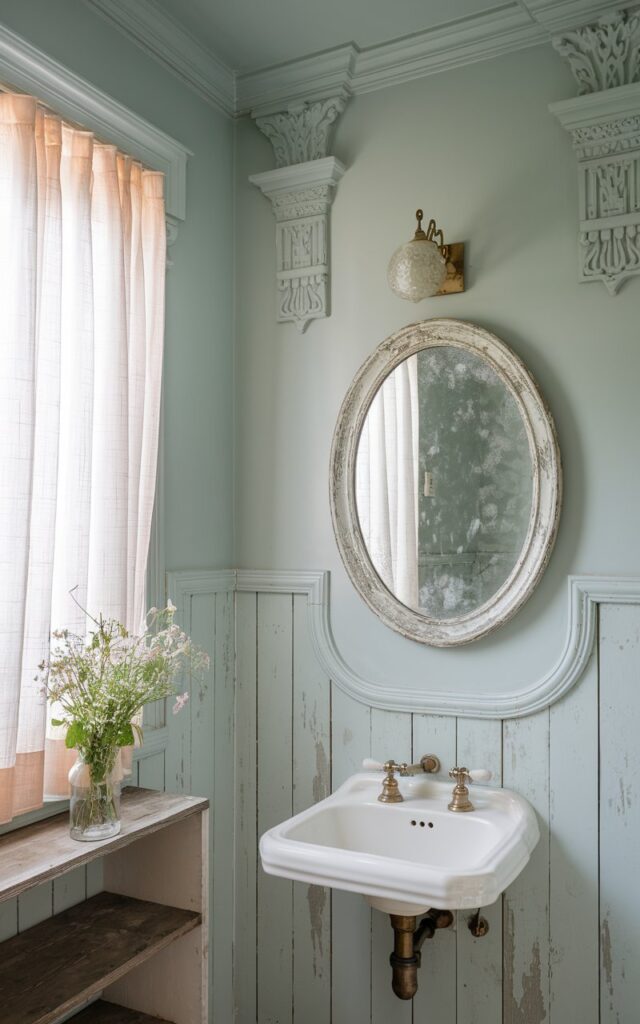 A photo of a powder room painted in a soft, pale blue hue. The room has a matte finish and features distressed white wood paneling and ornate moldings. There is a vintage oval mirror with a distressed silver frame. The room contains a petite white pedestal sink with delicate brass fixtures. Sheer curtains allow natural light to filter in. There is a vase of fresh wildflowers on a wooden shelf.