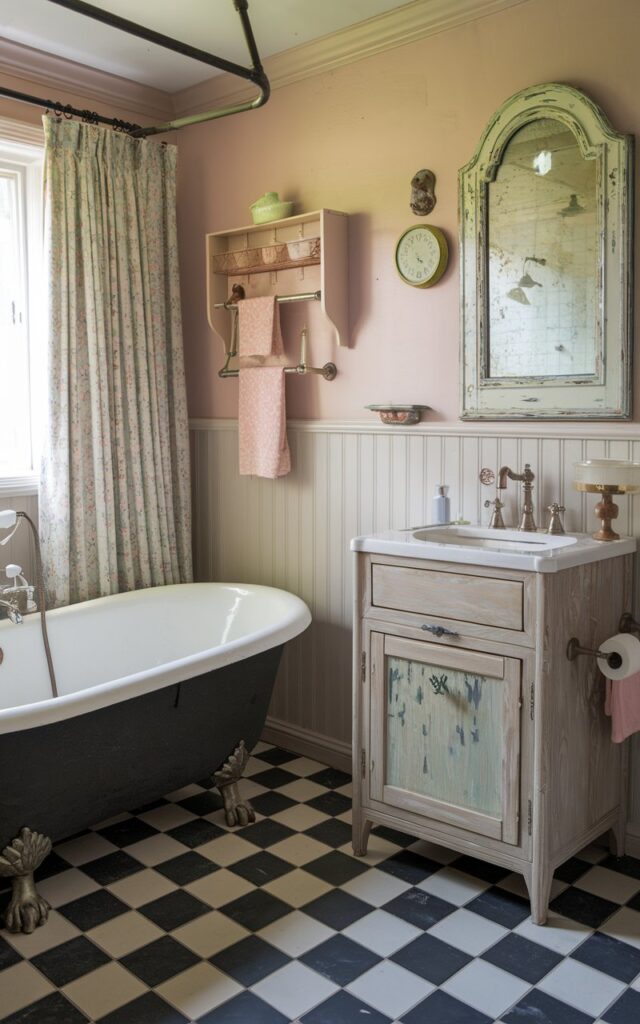 A photo of a charming retro French country bathroom with a black-and-white checkered tile floor. The floor has slightly matte or worn tiles for an aged, authentic feel. The walls are made of soft beadboard. There's a curved clawfoot tub with pewter feet, a weathered wood vanity, and a ceramic sink. The space has a delicate floral curtain, antique brass fixtures, and an ornate mirror with a distressed frame. There are also a pedestal soap dish, a vintage wall clock, and pastel accents.