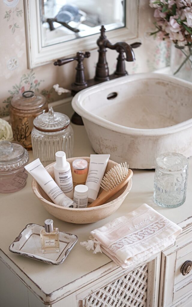 A photo of a charming shabby chic bathroom vanity with a whitewashed wood finish and a classic vessel sink. On the countertop, there is a low, slightly imperfect ceramic bowl holding everyday essentials like small skincare bottles, a wooden hairbrush, and travel-sized haircare items. Surrounding the bowl are vintage glass jars, a lace-trimmed hand towel, and a tiny distressed tray with perfume. The background contains a wall with floral patterns and delicate details. The scene has a feminine, cozy, and effortlessly collected over time vibe.