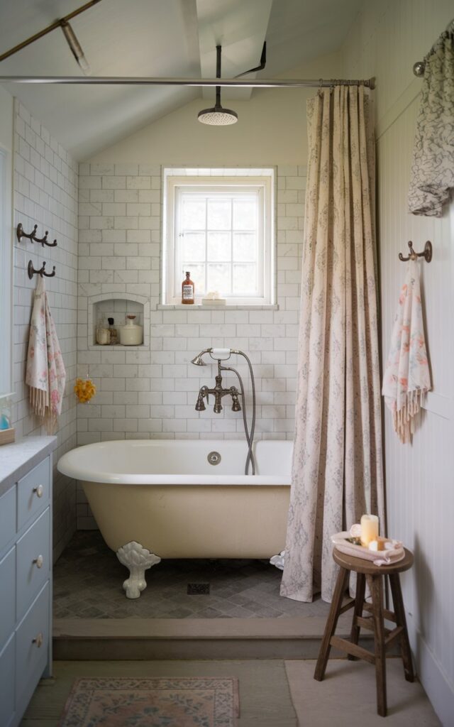 A photo of a charming small cottagecore bathroom featuring a combined shower and tub in a single wet zone. The freestanding clawfoot tub sits on a gently sloped floor with rustic stone or matte hex tiles that extend up the shower wall. A simple rain showerhead is mounted above, with a soft linen or floral-patterned curtain hanging from a curved rod or ceiling-mounted rail. The walls are clad in white beadboard or soft pastel tiles, and vintage-style hooks hold a loofah and hand towel. A tiny wooden stool holds soap and a candle, while a small window lets in filtered natural light. The space feels intimate, romantic, and storybook-inspired—perfectly cottagecore. The dry area has a vanity, curtained window, and floor rug.