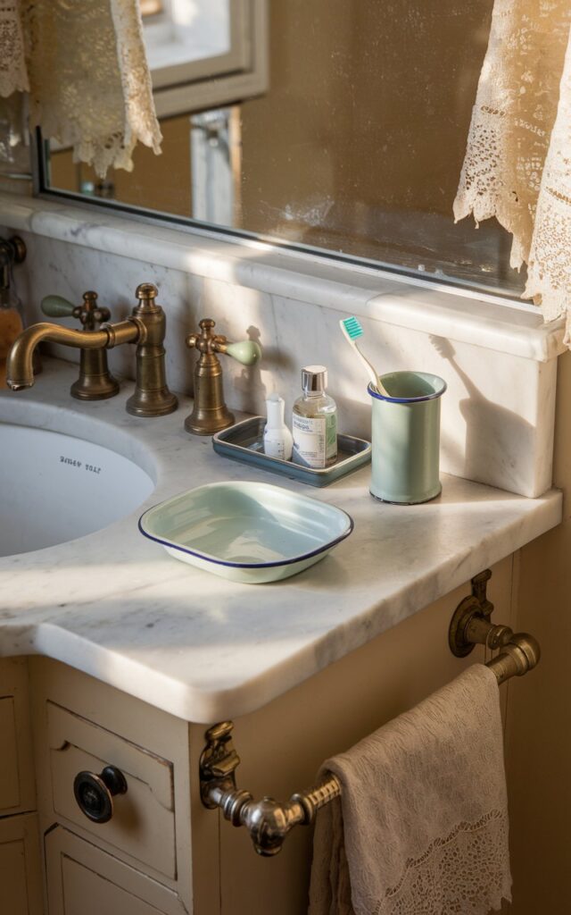 A photo of a vintage bathroom countertop with a marble vanity. There is an enamel soap dish in pale blue, a toothbrush holder in muted green, and a small tray of everyday essentials. The countertop is adorned with antique brass faucets. A lace-trimmed hand towel hangs nearby. The room is illuminated by warm morning light.