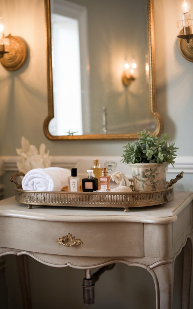 A photo of a vintage bathroom with a charming vanity. The vanity has a mirrored tray on top, which holds an assortment of vintage perfume bottles, neatly rolled white towels, and a small potted plant in a ceramic or brass pot. The vanity is antique with curved legs and soft gold hardware, set against a softly painted wall. A gilded mirror above reflects the soft, ambient glow from nearby sconces, creating a cozy, romantic atmosphere full of old-world charm and thoughtful details.