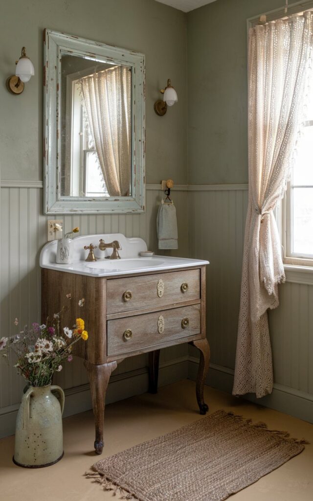 A photo of a vintage farmhouse-style bathroom with a distressed wood vanity, curved legs, antique gold hardware, and a white porcelain sink. The vanity is placed on a beige floor and is flanked by beadboard walls painted in muted sage. An old mirror with a lightly tarnished frame hangs above the vanity. A jute rug and a ceramic jug of wildflowers are placed on the floor. A lace curtain is drawn back from a nearby window, allowing soft daylight to enter the room. The overall atmosphere is cozy and countryside.