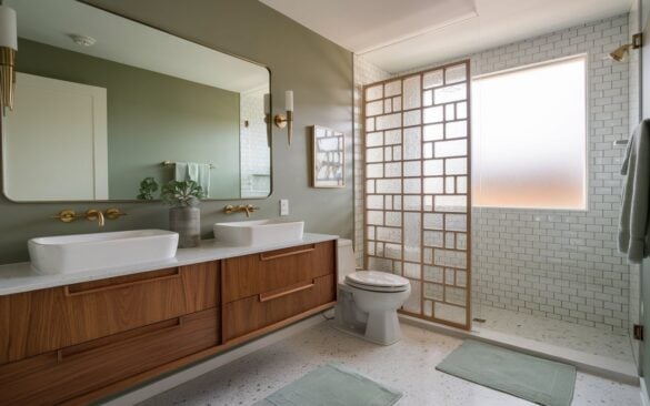 A photo of a mid-century modern bathroom with a toilet, shower area, and floor rug. The bathroom is bathed in soft natural light and has a charming, well-decorated, clutter-free design. The space features a floating walnut vanity with clean lines and brass hardware, topped with a sleek white countertop and dual vessel sinks. Above, a large rectangular mirror flanked by brass rod sconces adds warmth and balance. The walls are painted in a muted sage green, complementing geometric terrazzo floor tiles in neutral tones. A sculptural teak privacy screen with a geometric pattern subtly divides the shower area, which boasts a frameless glass enclosure and simple white subway tiles. Minimalist mod-style curtains in a soft cream frame a frosted window, while a tripod-legged plant stand holding a lush rubber plant adds a fresh, organic touch. Carefully curated vintage perfume bottles and retro grooming tools sit elegantly on open floating shelves. The ceiling, painted in a muted dusty pink, is accented by a brass Sputnik-style mini chandelier, casting a cozy glow.