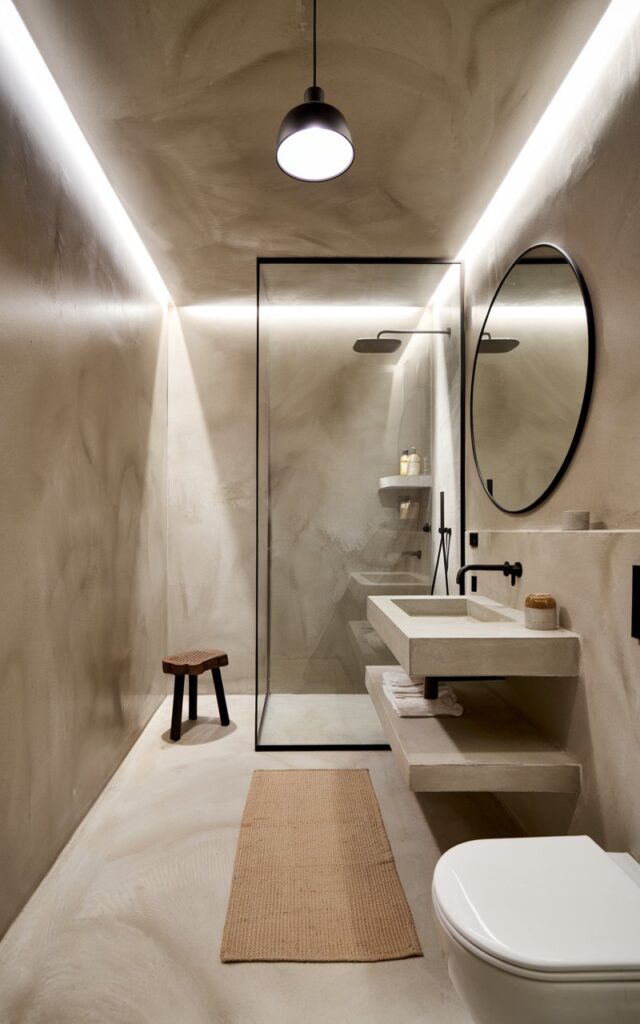 A photo of a chic European-style ensuite bathroom fully wrapped in smooth, seamless microcement. The walls and floor blend into one continuous surface in soft, warm gray tones, creating a minimalist yet sophisticated canvas. Clean lines define the floating vanity with a simple stone countertop and matte black fixtures. A frameless glass shower enclosure enhances the open, airy feel. Subtle recessed lighting highlights the texture of the microcement, while touches of natural wood—like a small stool and shelving—add warmth and contrast. A large round mirror with a thin black frame completes the understated elegance. The ceiling has a pendant light, the floor has a rug, and there is a toilet.