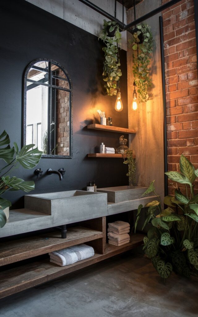 A photo of a chic industrial bathroom with a bold charcoal statement wall, exposed brick, raw concrete surfaces, and a concrete countertop. There is a sleek black metal fixtures, reclaimed wood vanity, and floating shelves. The room has a vintage industrial mirror and textured textiles. The lighting is warm and the space has lush green plants, Edison bulb pendant lights, and a minimalist pot. The overall ambiance is urban and organic.
