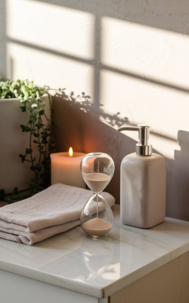 A photo of a serene, clutter-free bathroom counter styled in cozy minimalism. A small glass sand timer with soft beige sand sits next to a matte ceramic soap dispenser and a folded linen hand towel. The countertop is faux marble. In the background, a neutral-toned wall with soft shadows, a small trailing plant in a minimalist pot, and a lit candle add warmth. The sand timer acts as a subtle focal point, adding a thoughtful, spa-like touch to the scene.