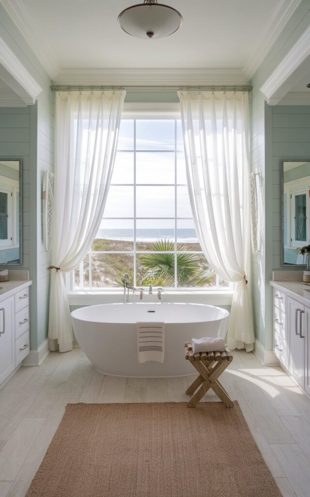 A coastal chic ensuite bathroom with a freestanding tub placed directly under a large window for natural light and scenic soaking. The tub is a sleek white oval design, positioned to overlook ocean dunes or breezy palms through a wide, grid-free window with flowing sheer white curtains. The walls are painted in soft seafoam, with light wood flooring beneath. Subtle nautical accents like a jute rug, driftwood stool, and polished nickel fixtures add coastal charm. The space also has a double vanity with mirrors and a ceiling with a pendant light. The overall palette is airy and neutral, evoking the calm of a beachside escape with elevated style.