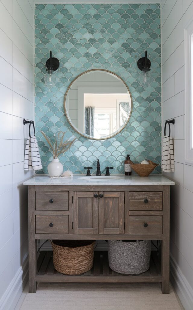A photo of a farmhouse bathroom with a coastal theme. The wall behind the vanity is a statement wall made of fish scale tiles in aqua blue. The scalloped tiles shimmer subtly and evoke ocean waves. They are paired with white shiplap on the surrounding walls for a farmhouse feel. The rustic wood vanity has a marble countertop and is topped with a round mirror framed in brushed brass. Woven baskets and seagrass decor add a coastal touch. Black or oil-rubbed bronze fixtures ground the look. Soft natural light highlights the tile's playful texture, creating a fresh, welcoming retreat.