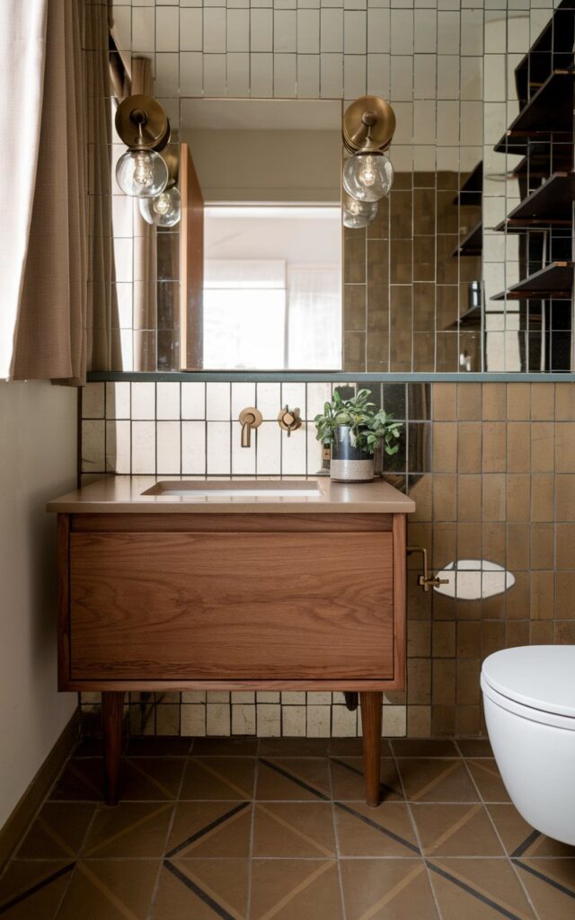 A compact mid-century modern bathroom with warm walnut cabinetry and tapered wood legs. Above the floating vanity, a mirrored backsplash stretches horizontally across the wall, subtly reflecting light and visually expanding the space. The mirror sits behind a vintage-inspired globe sconce with a brass finish, casting a warm glow. The sink features clean lines and a matte white surface with a brushed gold faucet. A small indoor plant in a ceramic pot sits on the counter. The floor is tiled in bold geometric patterns in muted earth tones, adding visual interest. The bathroom has a curtained window, open shelves, a toilet, etc.