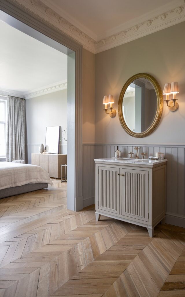 A photo of a contemporary Gustavian ensuite bathroom with a visually connected bedroom, using the same elegant flooring throughout. The floors are soft-toned herringbone parquet, flowing seamlessly from the airy bedroom into the ensuite. The bedroom has a large bed with a bedspread and pillows, and a cabinet. The bathroom features classic Gustavian details—fluted cabinet fronts, antique brass fixtures, and muted pastel accents—balanced by minimalist, contemporary lines. A marble-topped vanity sits beneath a gilded oval mirror, while pale gray wainscoting and delicate sconces (Warm light on) add period charm. The photo is a full wide view from the bedroom.