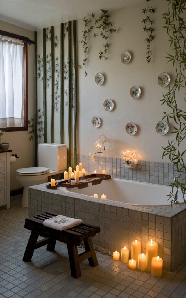 A photo of a cozy Asia Zen + cottagecore bathroom with a deep soaking tub. The tub is surrounded by tiled floor and a low wooden bath stool. There are pillar candles, tea lights, and battery-operated candles softly glowing beside the tub. The bathroom has a toilet, a vanity, and a curtained window. The walls are adorned with bamboo accents, trailing greenery, and delicate floral ceramics. The room is filled with a mix of calming Zen minimalism and whimsical cottage charm.