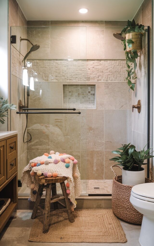 A cozy Boho + chic bathroom scene with a waffle-knit throw blanket with playful pom poms draped casually over a rustic wooden stool near the shower area. The shower has a glass panel, with textured natural tiles. The space is styled with woven baskets, a jute rug, potted greenery, and brass fixtures for a warm, relaxed feel. Soft ambient lighting enhances the inviting, lived-in vibe. The bathroom also has a vanity, a toilet, etc.