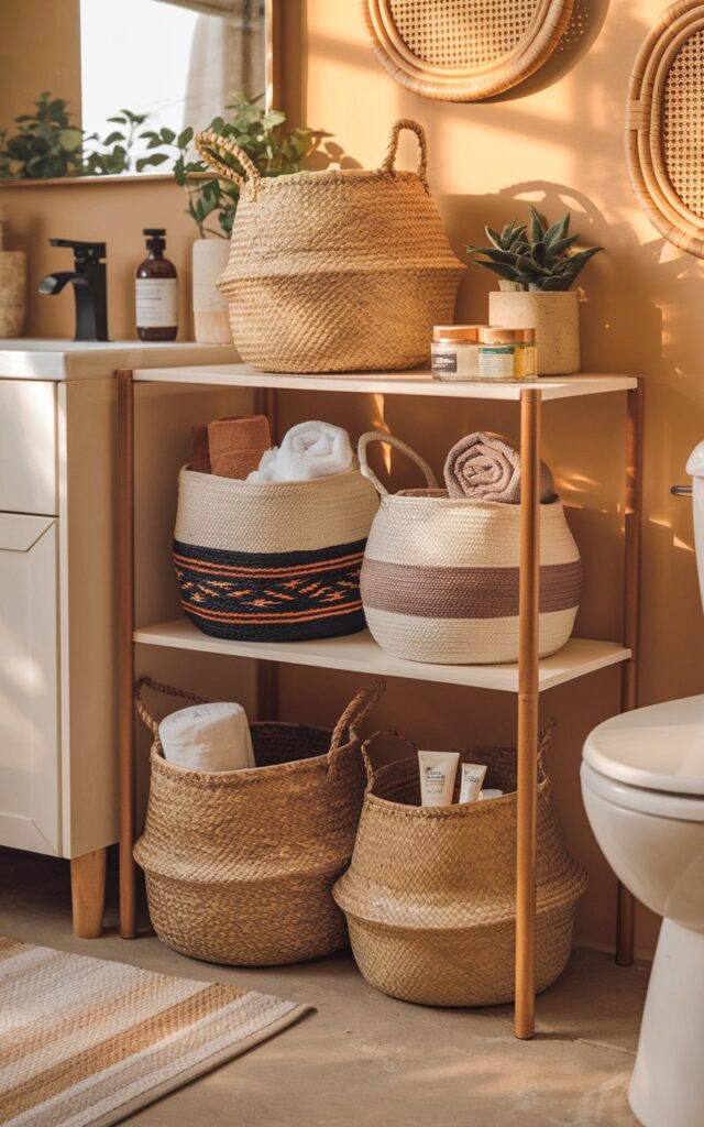 A cozy, Boho-inspired bathroom corner showcasing 2-3 woven baskets in varying patterns, colors, and sizes—one in natural seagrass, another with bold tribal weave, and a third in muted earthy tones. They're neatly placed under an open shelf, each filled with rolled towels, bath salts, and skincare essentials. The setting features a vanity, a toilet, a soft rug, rattan accents, and potted greenery, with warm lighting casting a golden glow over the thoughtfully curated, laid-back space.