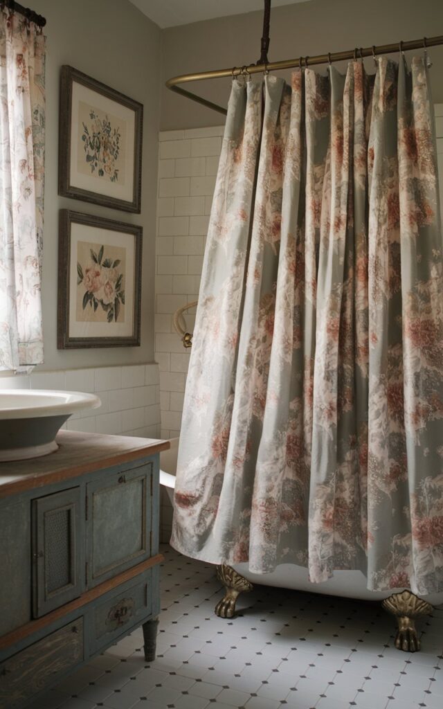 A photo of a vintage-style bathroom with a cozy English country ambiance. The room features a soft fabric shower curtain with subtle floral patterns in muted rose, sage, and ivory tones. The curtain hangs from a brass rod and gently grazes a clawfoot tub with ornate feet. The vintage tile flooring, floral framed art, and distressed wood vanity with a porcelain basin surround the space. Natural light is soft and filtered.
