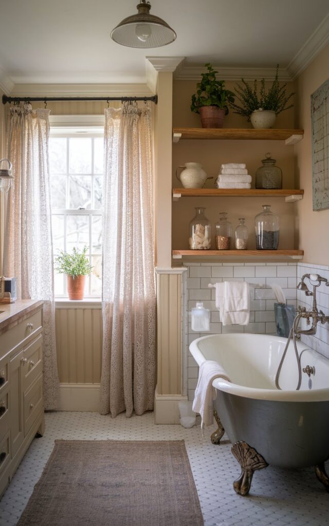 A photo of a cozy English countryside bathroom with layered ivory tones on the walls, trim, and subway tiles. The bathroom has a classic beadboard wainscoting and vintage-style fixtures in brushed nickel. Natural light filters through lace curtains, illuminating ceramic accessories and a clawfoot tub draped with plush linen. Warm wooden shelves display potted herbs and antique glass jars. The bathroom has a vanity, floor rug, and ceiling pendant light.