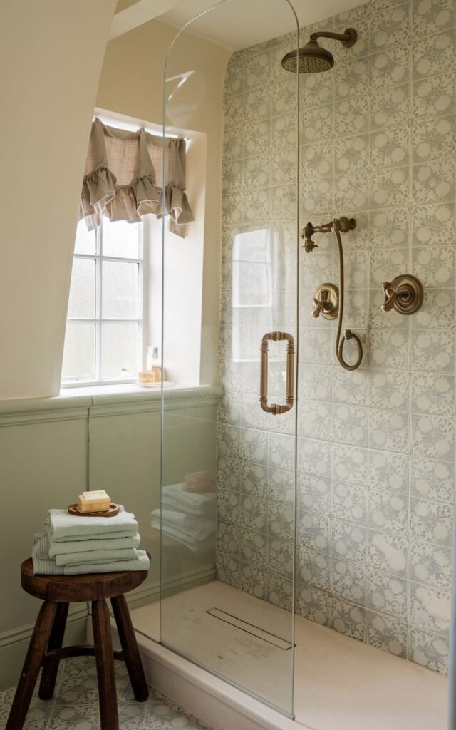 A photo of a cozy English countryside bathroom with a soft cream and sage green palette. In one corner, a small walk-in shower is enclosed with frameless glass panels, allowing full visibility of the charming floral-patterned tiles inside. The shower fittings are vintage-style in brushed brass, including a rainfall showerhead and cross-handle controls. A narrow window with a ruffled linen curtain lets in gentle daylight. The glass panels keep the space open and airy, showcasing the quaint design details while making the room feel larger. Nearby, a wooden stool with curved legs holds folded cotton towels and a small dish of handmade soap. The atmosphere is quaint, clean, and effortlessly elegant.