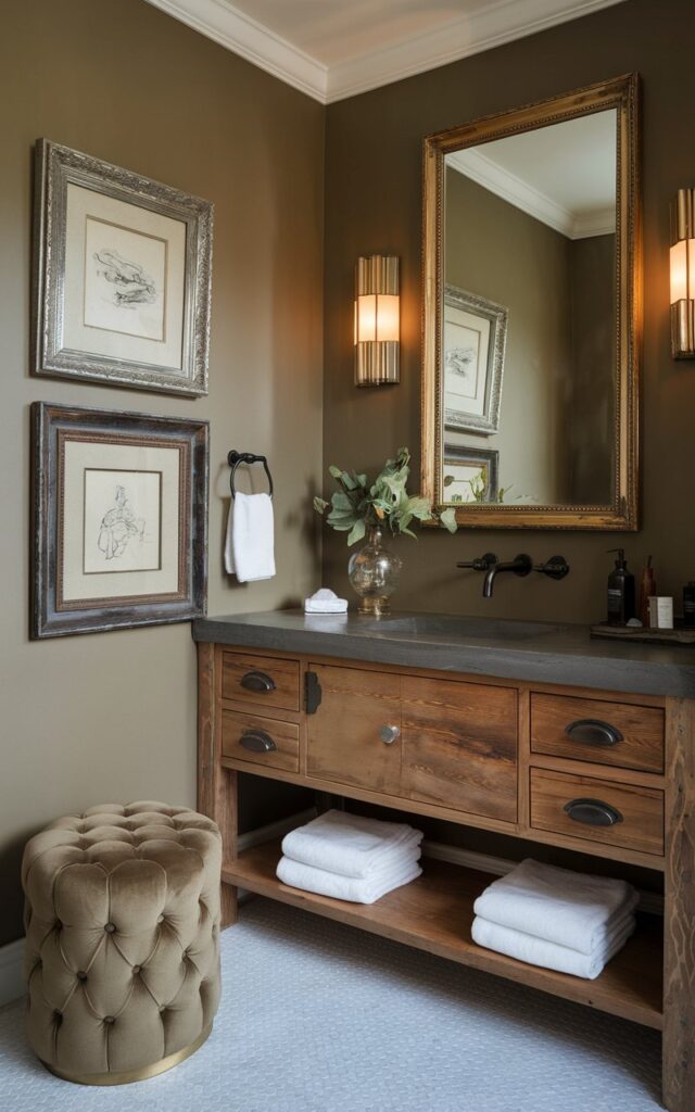 A photo of a Hollywood Glam + rustic bathroom with walls painted in muted, earthy tones like mocha beige, olive, or warm greige. The glamorous touches include a vintage gold-framed mirror, art deco-style sconces with dimmable warm light, and a velvet tufted stool. The rustic charm comes through in reclaimed wood accents, matte black fixtures, and a natural stone vanity top. The wall décor features 2–3 curated pieces—such as soft abstract art or vintage sketches in mixed metallic and wooden frames—adding a refined yet relaxed elegance to the inviting space.