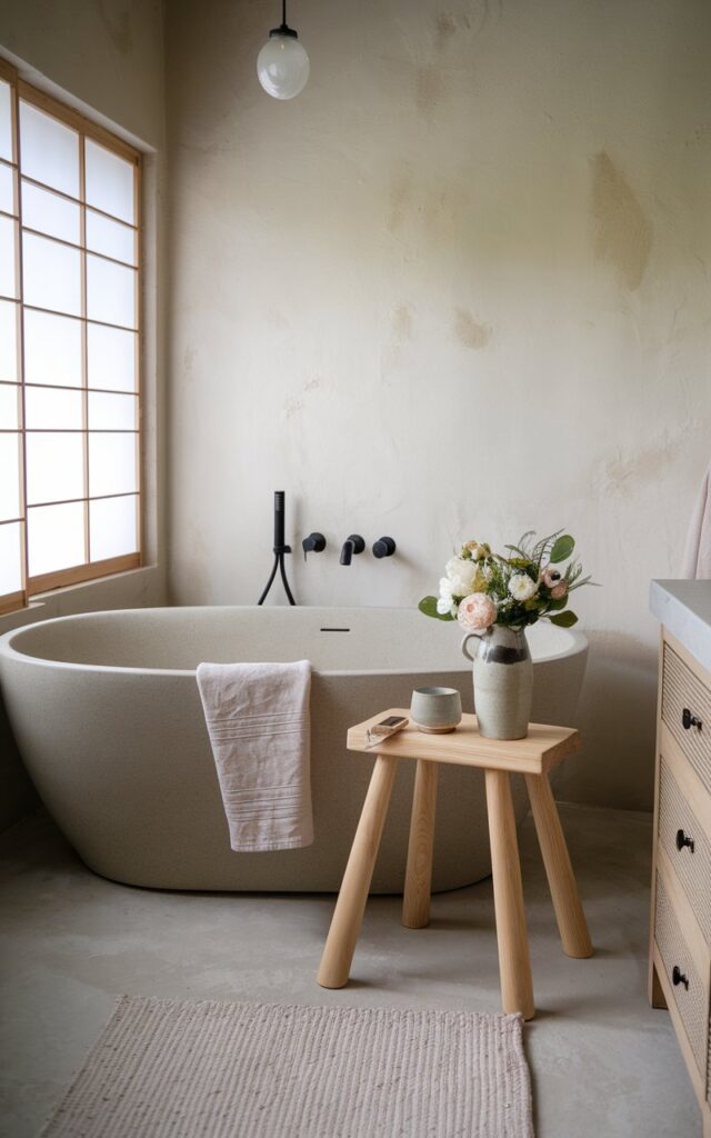 A photo of a Japandi-style bathroom with a smooth, freestanding tub and a small wooden stool beside it. The stool is crafted from light oak and holds a folded linen towel, a ceramic tea cup, and a ceramic flower vase with fresh flowers. The space features neutral textured walls, matte black fixtures, and a soft woven rug. There is a paper-screened window that allows natural light to enter. The bathroom also has a vanity, a floor rug, and a pendant light above the tub.