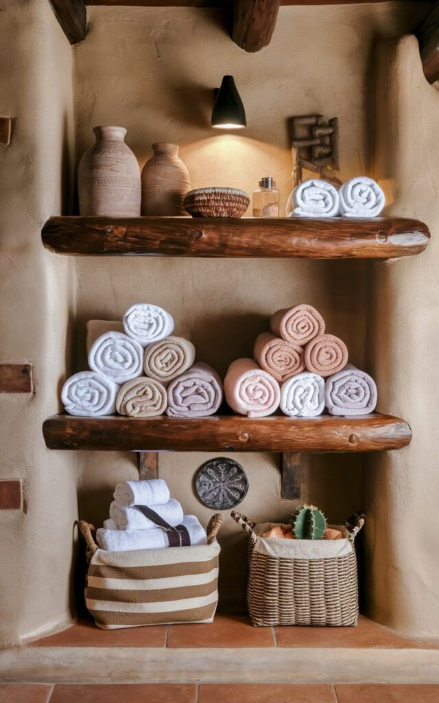 A photo of a cozy Southwestern-style bathroom with an open wooden shelf stacked neatly with rolled white and earth-toned towels. There are also essentials like clay jars, a woven basket of bath salts, and a small potted cactus for desert charm. The shelves are set against a textured adobe-style wall, accented by terracotta tiles and patterned textiles. Warm lighting and natural materials create an inviting, spa-like vibe rooted in rustic Southwestern warmth.