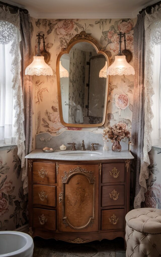 A photo of a cozy Victorian-style bathroom with an ornate vintage vanity in warm wood tones, topped with a marble counter and a gilded mirror. Above the vanity, elegant dimmable wall sconces with frosted glass shades cast a soft, adjustable glow, enhancing the romantic, old-world ambiance. The space features floral wallpaper, lace-trimmed curtains, antique brass fixtures, and delicate ceramic decor. A small vase with dried blooms and a tufted stool complete the timeless, cozy charm.