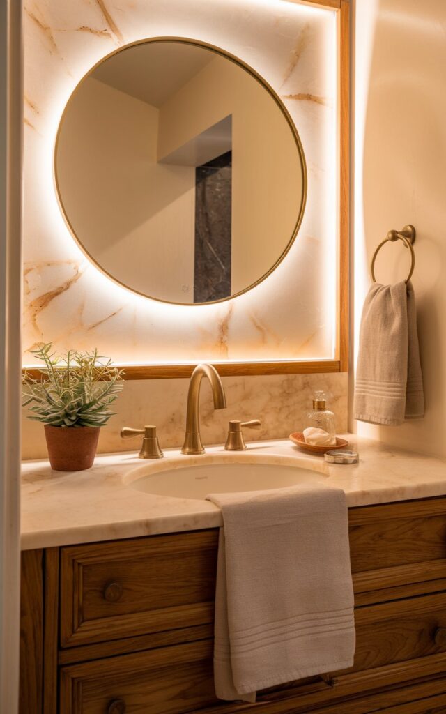 A photo of a cozy bathroom vanity with a brushed brass tap featuring soft, curved lines. The vanity is topped with creamy marble and framed by warm-toned lighting that highlights the subtle glow of the brass. A round mirror with a thin brass rim hangs above the sink. A small potted plant sits on the floor near the vanity. A neatly folded linen hand towel is held by a matching towel ring. The overall look blends warmth, elegance, and quiet luxury, with the brushed brass adding a timeless, inviting touch.