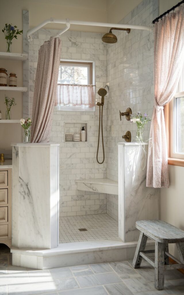 A cozy cottagecore bathroom with a charming walk-in shower. The shower curb is made of soft white marble with gentle gray veining. The marble curb contrasts beautifully with the wooden tile flooring inside the shower area. The shower area has a brass rainfall showerhead, a curtained window, an in-built bench, and recessed shelves. The space outside the shower has a distressed wooden stool, a vanity, and open shelving holding mason jars and fresh wildflowers. Soft lace curtains flutter at a nearby window, and sunlight streams in, highlighting the delicate veining of the marble. The overall space feels inviting, nostalgic, and thoughtfully handcrafted.