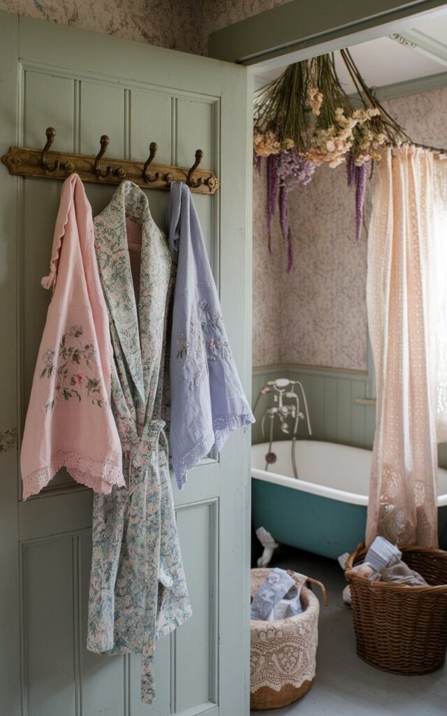 A photo of a cozy cottagecore bathroom filled with vintage charm and soft, whimsical details. Behind a paneled wooden door painted in pastel rose or sage, a row of antique brass hooks holds a floral cotton robe and hand-embroidered linen towels. The door opens into a space with faded wallpaper, a clawfoot tub, and delicate lace curtains fluttering in the breeze. A wicker basket sits nearby with lavender sachets, and dried flowers hang from the ceiling beam. The overall mood is romantic, nostalgic, and effortlessly lived-in.