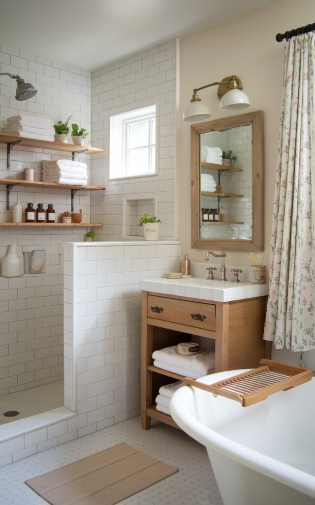 A cozy cottagecore bathroom that blends classic white tiles with warm wood accents for a soft, homey charm. White subway tiles line the lower walls and shower area, paired with warm oak or pine open shelves holding neatly folded towels, small potted herbs, and apothecary jars. A vintage-style vanity mirror is framed in natural wood, adding rustic warmth against the crisp tile backdrop. Soft floral curtains, ceramic decor, and a freestanding clawfoot tub complete the look. Gentle natural light filters in through a small paned window, creating a peaceful, storybook ambiance that feels both fresh and nostalgic.