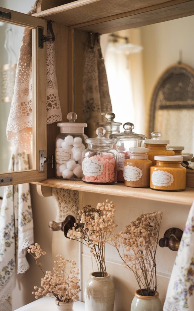 A photo of a cozy cottagecore bathroom with an open wooden shelf near the vanity. The shelf displays 3-4 charming apothecary jars filled with cotton balls, pink bath salts, and honey-toned liquid soap. The jars vary in shape and size, each with vintage-style labels and glass stoppers. Surrounding the shelf are floral hand towels, a lace-trimmed mirror, and tiny dried flower bundles tucked in ceramic pots. The room has soft pastel tones, natural wood accents, and warm lighting, creating a nostalgic and comforting vibe.