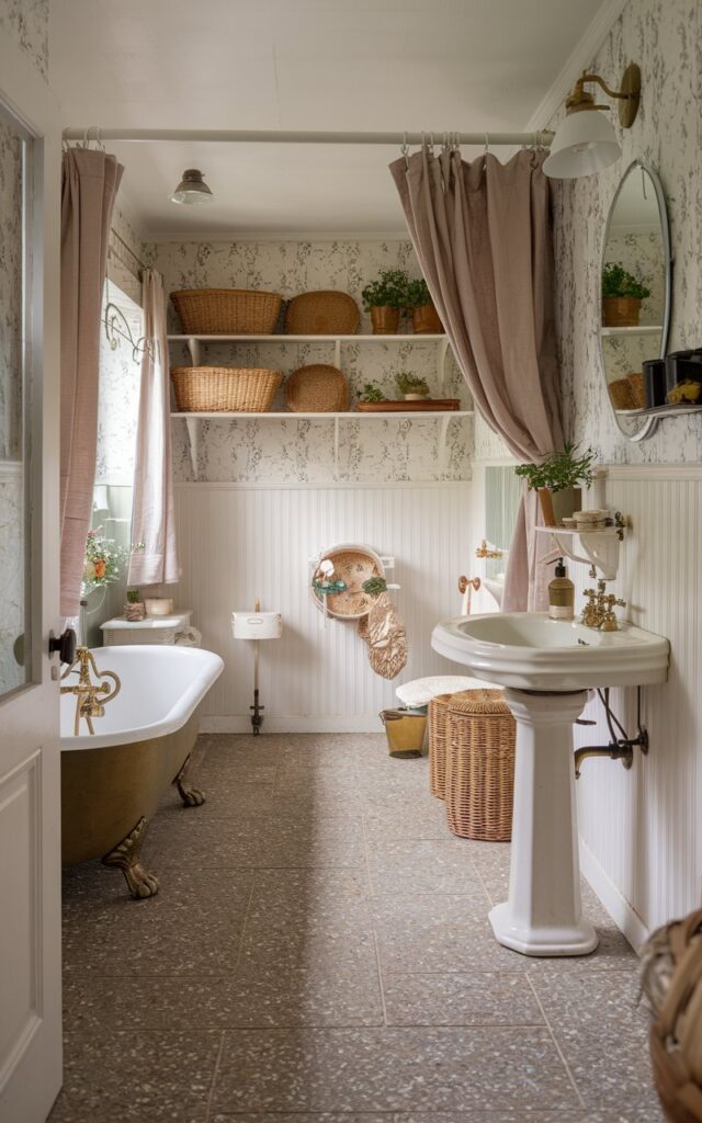 A photo of a cozy cottagecore bathroom with vintage touches. The room features terrazzo floor tiles in soft, earthy tones. There's a clawfoot tub with brass feet and a classic pedestal sink. The walls are white beadboard and have vintage floral wallpaper. Open wooden shelves hold wicker baskets and potted herbs. Soft linen curtains and antique brass fixtures are in the room. The atmosphere is serene and whimsical, with a blend of cottage comfort and vintage elegance. The room has natural light.