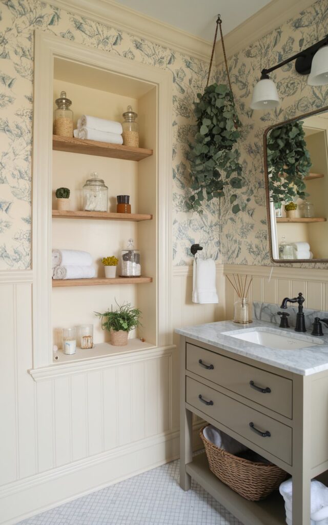 A photo of a cozy cottagecore + modern farmhouse bathroom with a built-in storage niche cleverly tucked between wall studs. The niche features open wooden shelves framed in soft white trim, holding rolled towels, glass apothecary jars, and small potted herbs. The surrounding walls are a mix of vertical shiplap in a creamy tone and floral wallpaper in muted pastels. A farmhouse vanity with a deep ceramic sink and matte black fixtures sits nearby, topped with a marble counter. The floor is herringbone tiles. A vintage mirror, wicker basket accents, and hanging eucalyptus complete the warm, lived-in look.