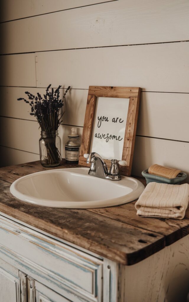 A photo of a cozy farmhouse with a rustic bathroom vanity. The vanity has a weathered wood counter and a white ceramic sink, set against a shiplap wall backdrop. Leaning against the wall is a small, wood-framed handwritten quote that reads "You are awesome". Nearby, a mason jar holds dried lavender, and a vintage soap dish sits beside a folded cotton towel. The entire setup feels warm, encouraging, and thoughtfully styled.