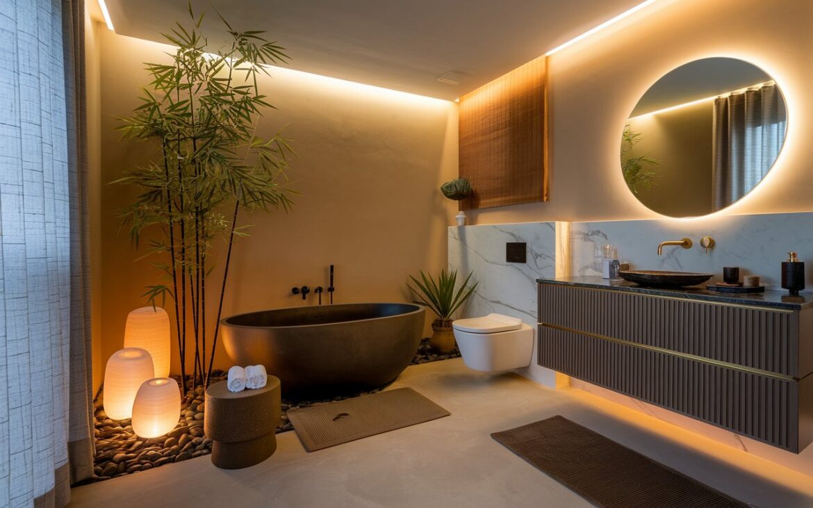 A cozy, fully furnished modern glam + chic + Asia Zen bathroom that exudes tranquility and elegance in equal measure. A photo of a cozy, fully furnished modern glam + chic + Asia Zen bathroom that exudes tranquility and elegance in equal measure. The space features a deep soaking tub with smooth, curved edges placed near a tall bamboo plant and softly glowing lanterns. The walls are painted in a warm neutral tone, accented with sleek marble and matte black finishes. A floating vanity with gold-trimmed hardware holds a ceramic tray with minimalist essentials, while a backlit round mirror adds soft, ambient light. The bathroom has a toilet, a floor rug, and a LED light strip along the ceiling. The room is clutter-free and balanced, with plush rolled towels, a pebble mat underfoot, and a sculptural stool placed beside the tub. A blend of velvet and linen textures, sheer drapes, and warm lighting from a pendant fixture create an atmosphere that is inviting yet serene. Subtle touches—like incense burning gently in a corner, a tiny bonsai, and a candle flickering next to a folded robe—complete the look, making the space feel like a peaceful sanctuary that defines a cozy bathroom. Natural light is soft, filtered.