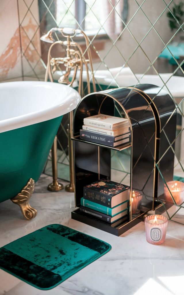 A photo of a cozy modern Art Deco bathroom with a sleek, tiny bookshelf set beside a curved freestanding tub. The shelf features glossy black and gold finishes, housing a small stack of hardcovers with bold, elegant spines. A geometric mirror, marble flooring, and brass fixtures reflect the glam Art Deco flair. Soft lighting, a velvet bath mat, and a scented candle nearby create an inviting, intimate reading nook. Hints of emerald green and blush pink add a luxe, cozy finish. Natural light is soft.