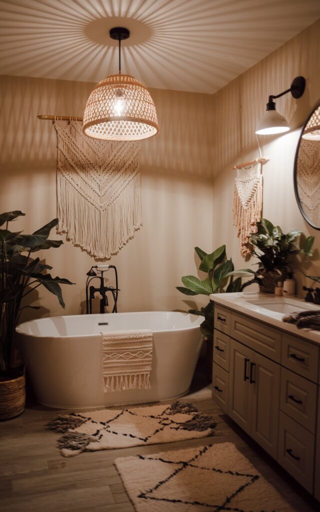 A photo of a cozy modern Boho bathroom with a freestanding tub, a vanity, a floor rug, and indoor plants. The room is illuminated by a single pendant light with a woven rattan shade, casting warm, patterned shadows across the room. The space features matte black fixtures and has a macramé wall hanging. The walls are painted in a soft beige color.