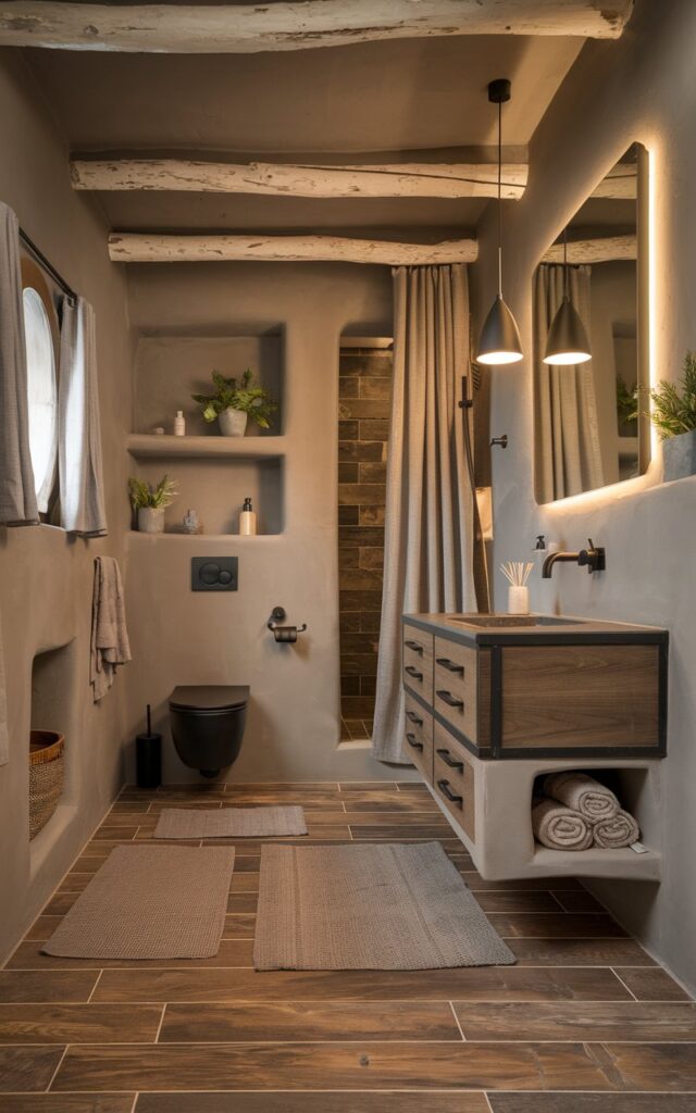 A photo of a cozy rustic bathroom with a modern twist. The floor is covered with wood-look tiles in a walnut tone. There is a sleek, floating vanity with matte black hardware, a frameless mirror, and a minimalist pendant light. The walls are a soft taupe color, and there are subtle stone or concrete elements. The space has a toilet, open shelves, a curtained window, a floor rug, and a shower area. There are linen textiles, potted greenery, and a built-in niche with rolled towels. The lighting is warm and has a golden hour effect.