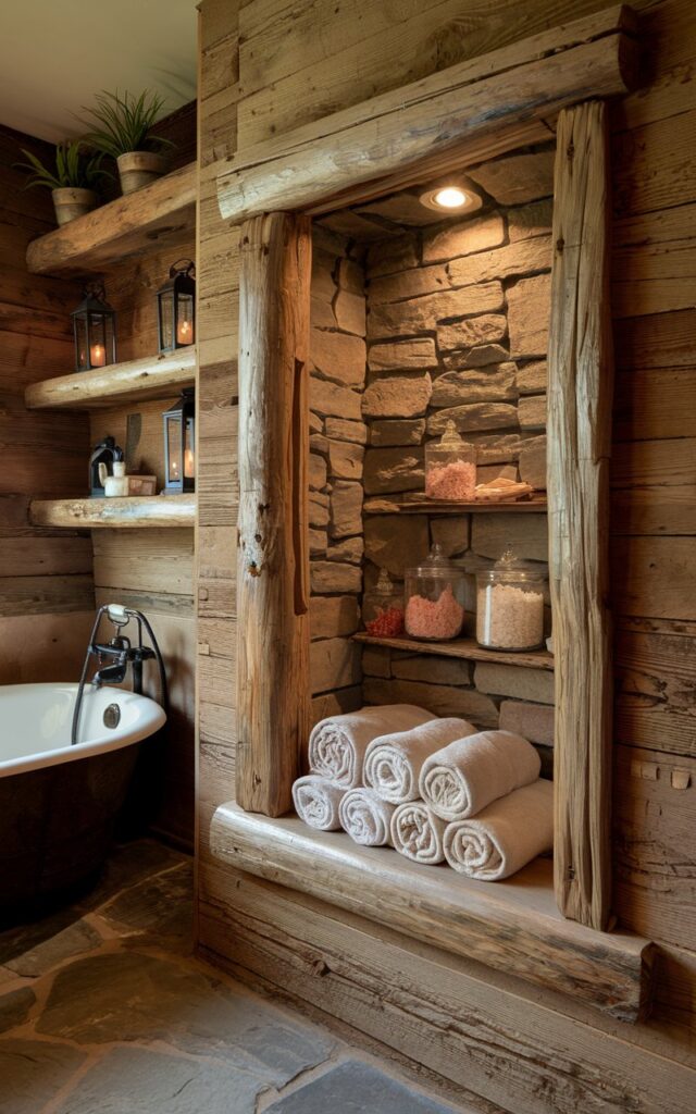 A photo of a cozy rustic bathroom with reclaimed wood walls and a warm, earthy palette. The bathroom contains a cast iron tub, a chunky wood beam shelf with plants and lanterns, and a recessed nook with rolled cotton towels, glass jars of bath salts, and hand-poured soaps. The nook is framed with natural timber and is carved into the wall between exposed wooden studs, with the back of the nook lined with stone. The stone flooring and warm lighting complete the cozy atmosphere.