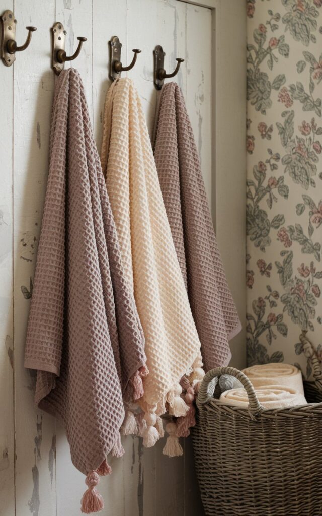 A photo of a cozy shabby chic bathroom with soft waffle-knit towels hanging neatly on vintage-style hooks against a distressed whitewashed wooden wall. The towels are in muted pastel shades like dusty rose and cream, adding gentle texture and warmth. Nearby, a weathered wicker basket holds rolled linens, while floral wallpaper and antique brass fixtures complete the inviting, lived-in charm of the space.