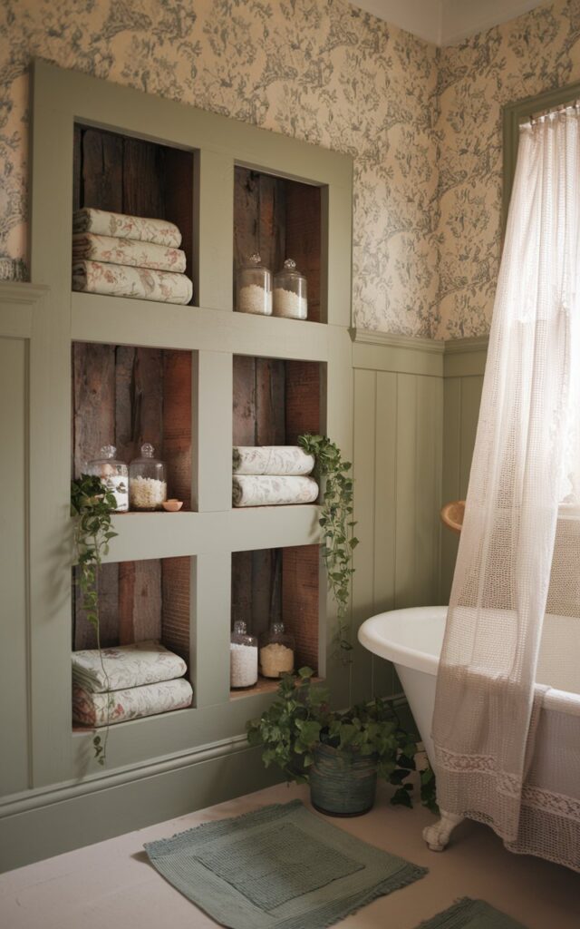 A cozy small cottagecore bathroom with soft natural lighting. The room features a vintage floral wallpaper and a muted sage green wall. There's an awkward nook cleverly transformed into 3–4 built-in storage cubbies. Each cubby is made of rustic reclaimed wood with visible grain and slightly distressed edges. Inside, there are neatly folded floral-patterned towels, glass jars of bath salts, and small potted plants like trailing ivy or lavender. A clawfoot tub with a sheer lace curtain sits nearby. The floor is covered with soft woven rugs. The space feels warm, organized, and full of nostalgic charm.