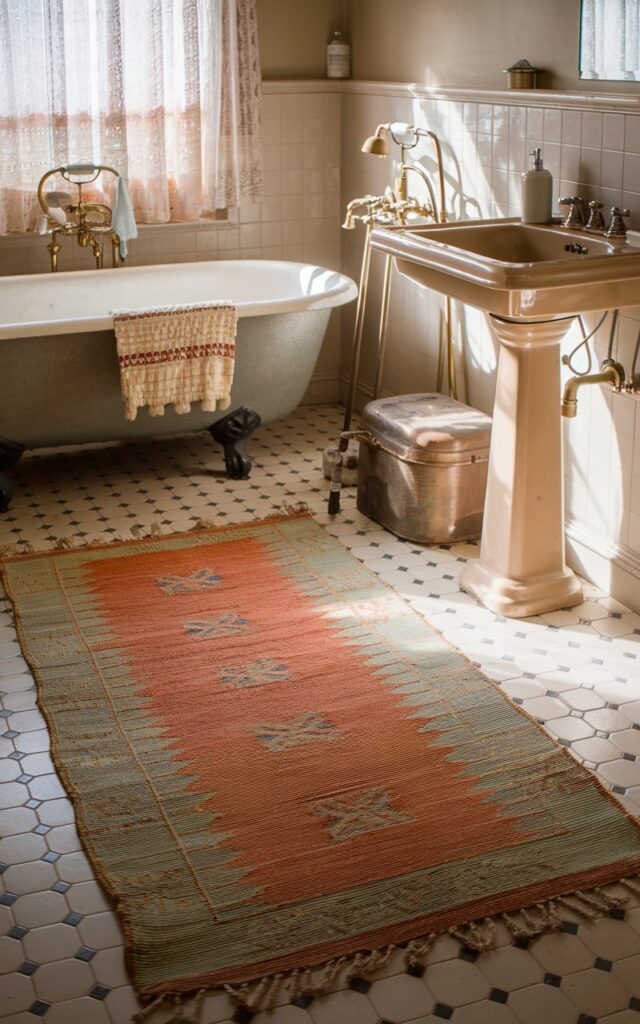 A photo of a cozy vintage bathroom with an antique woven rug in warm reds, faded blues, and soft earthy tones. The rug is laid across a classic tiled floor. The room contains a clawfoot tub, a pedestal sink, and brass fixtures. The walls are painted in a soft neutral color. Natural light filters through lace curtains. The overall atmosphere is warm, lived-in, elegant, and inviting.