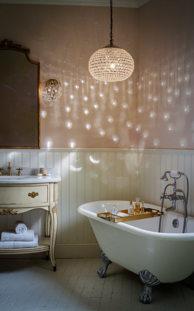 A dreamy vintage bathroom with a sparkling crystal pendant light (Warm light on) hanging gracefully above a freestanding clawfoot bathtub. The pendant casts delicate reflections across the soft pastel walls and white beadboard paneling, creating a romantic, twinkling ambiance. Nearby, a vintage vanity with curved legs and gold hardware sits beneath a gilded mirror, topped with a mirrored tray holding perfume bottles and rolled towels. No natural light; only light from pendant light.